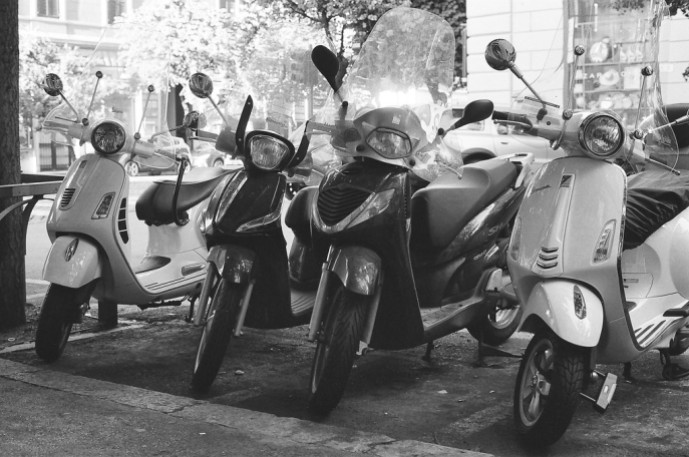 Scooters in Rome, Italy. Camera: Pentax K1000 (1976 - 1997). Film: Ilford Delta 100 Professional.